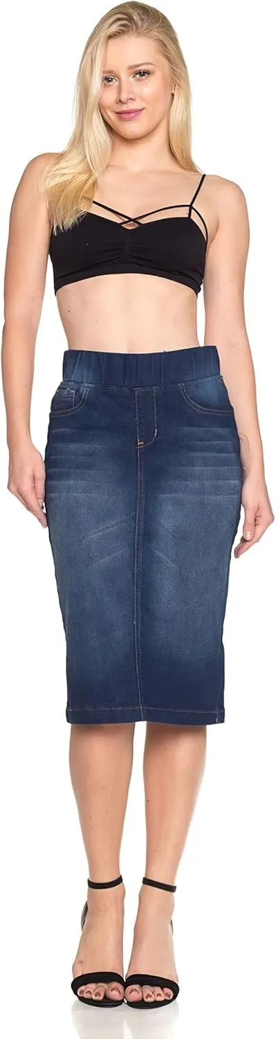 Fashion2Love Women's Juniors/Plus High Waisted Pull-On Stretch Denim Mid Length Skirt (77104)