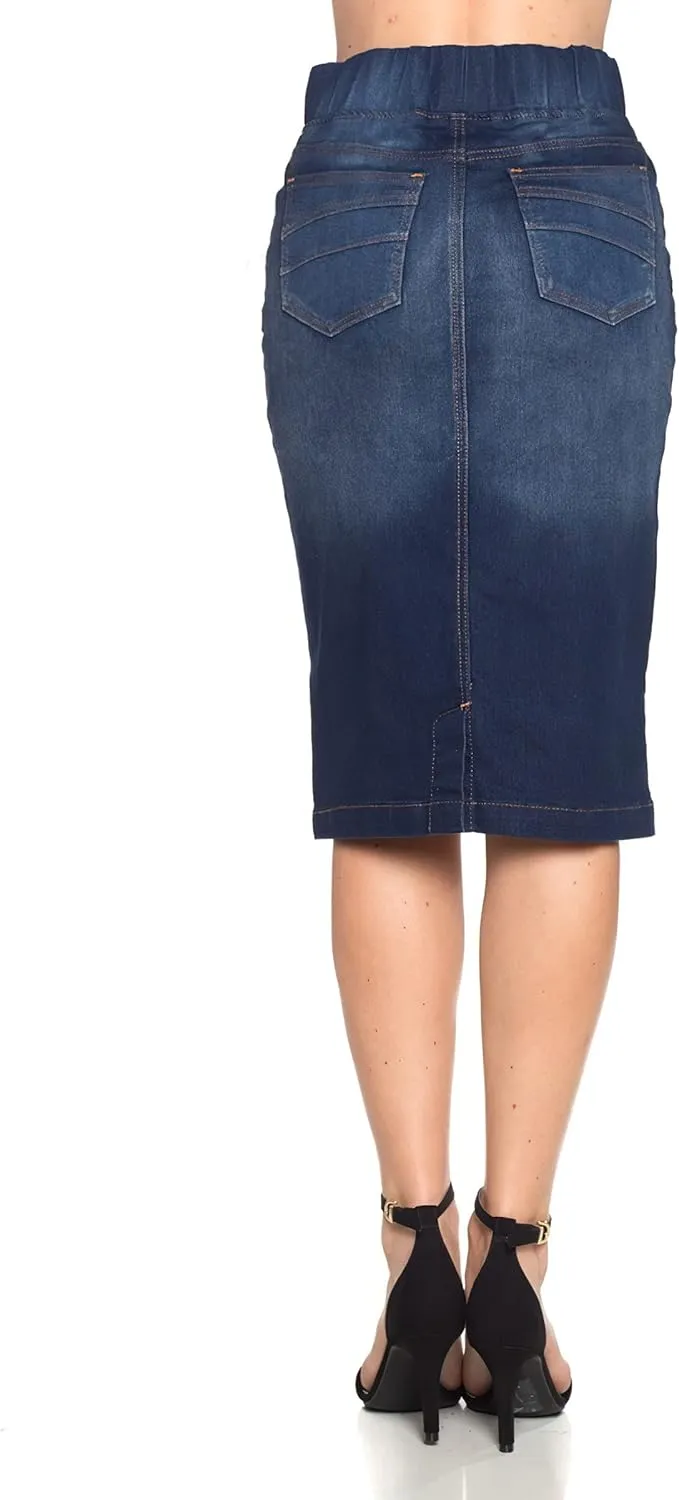 Fashion2Love Women's Juniors/Plus High Waisted Pull-On Stretch Denim Mid Length Skirt (77104)