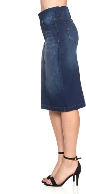Fashion2Love Women's Juniors/Plus High Waisted Pull-On Stretch Denim Mid Length Skirt (77104)