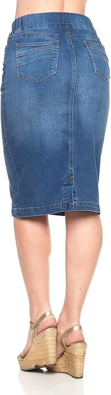 Fashion2Love Women's Juniors/Plus High Waisted Pull-On Stretch Denim Mid Length Skirt (77104)