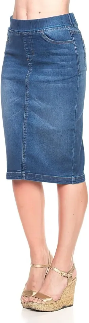 Fashion2Love Women's Juniors/Plus High Waisted Pull-On Stretch Denim Mid Length Skirt (77104)