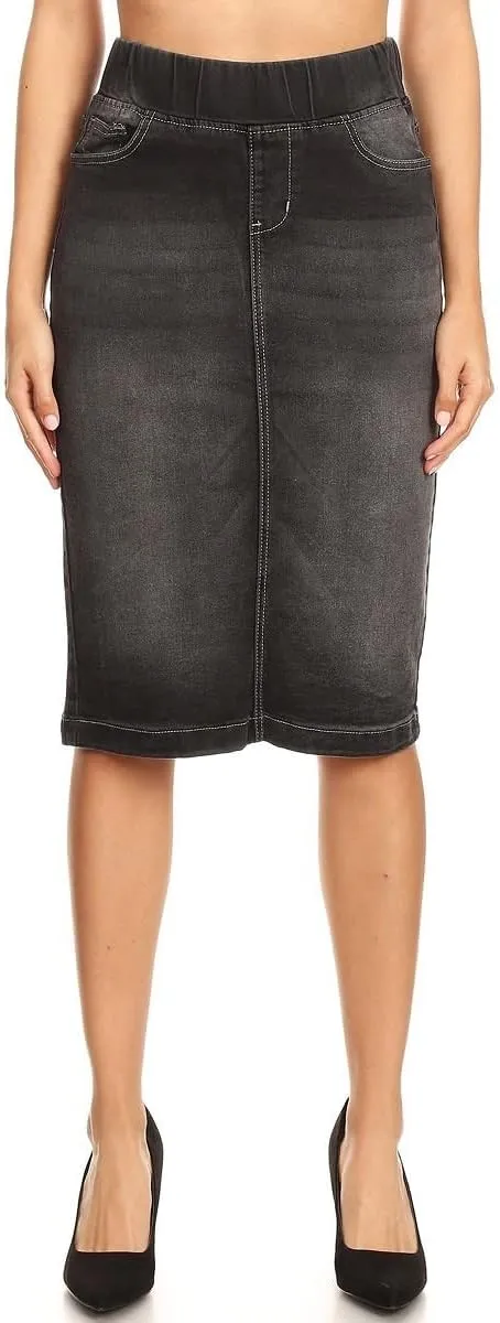 Fashion2Love Women's Juniors/Plus High Waisted Pull-On Stretch Denim Mid Length Skirt (77104)