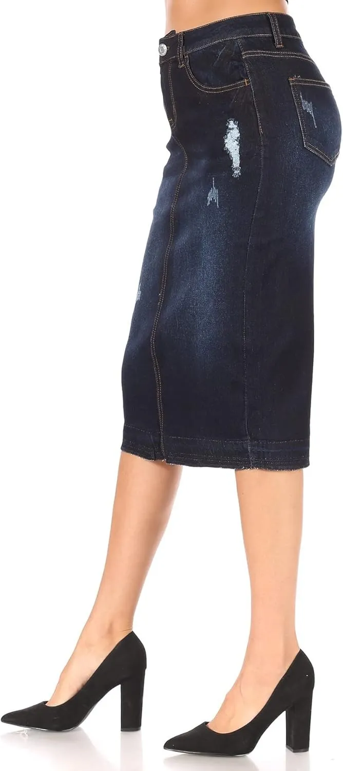 Fashion2Love Women's Juniors/Plus Size Destroyed Ripped Pencil Stretch Denim Skirt (77883)