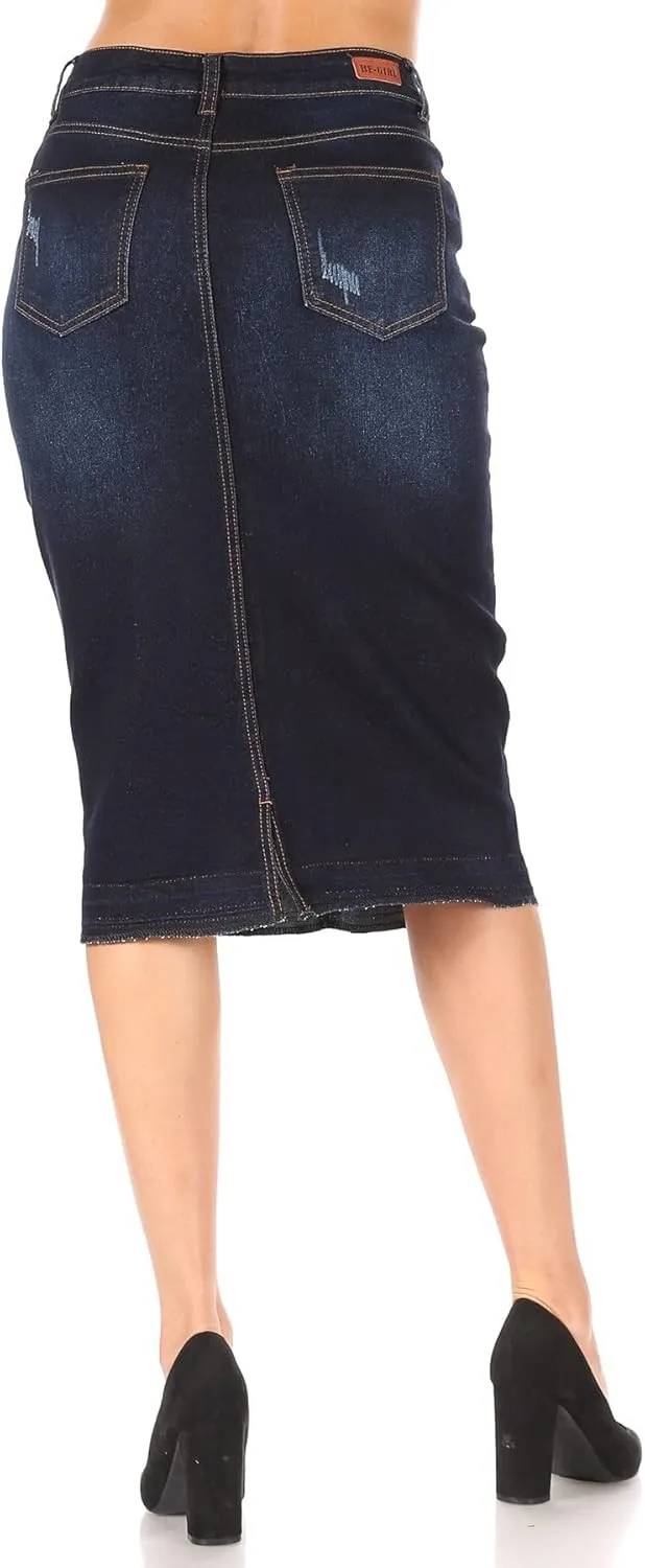 Fashion2Love Women's Juniors/Plus Size Destroyed Ripped Pencil Stretch Denim Skirt (77883)