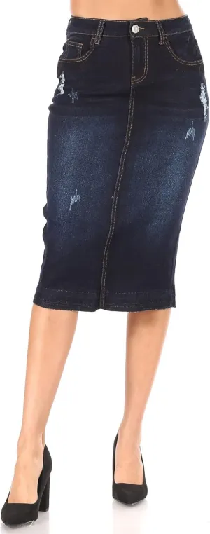 Fashion2Love Women's Juniors/Plus Size Destroyed Ripped Pencil Stretch Denim Skirt (77883)