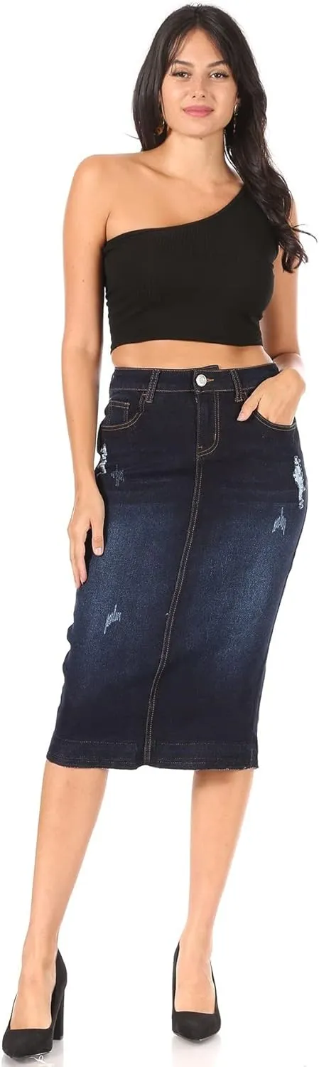 Fashion2Love Women's Juniors/Plus Size Destroyed Ripped Pencil Stretch Denim Skirt (77883)