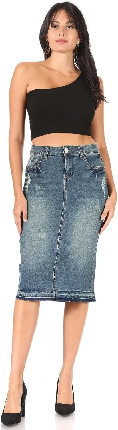 Fashion2Love Women's Juniors/Plus Size Destroyed Ripped Pencil Stretch Denim Skirt (77883)