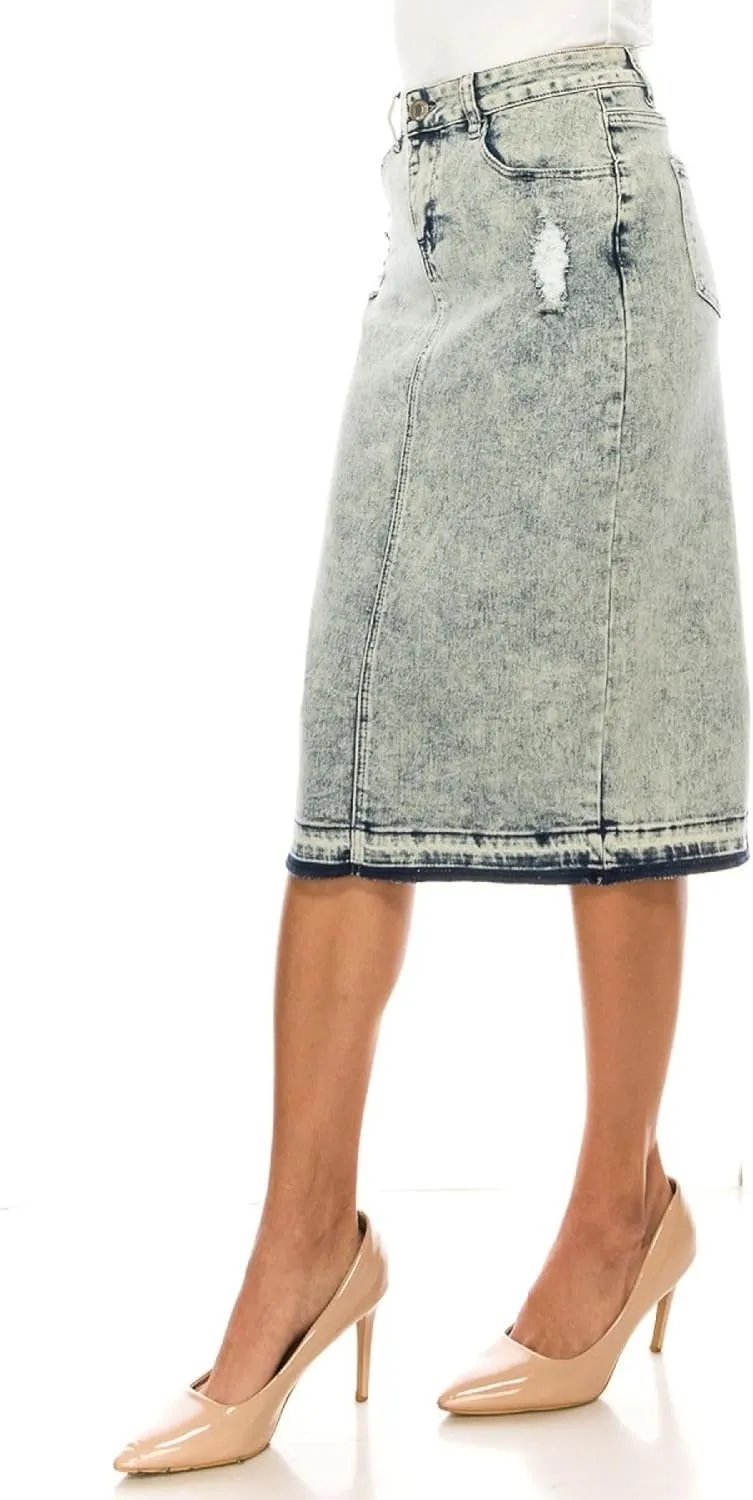 Fashion2Love Women's Juniors/Plus Size Destroyed Ripped Pencil Stretch Denim Skirt (77883)