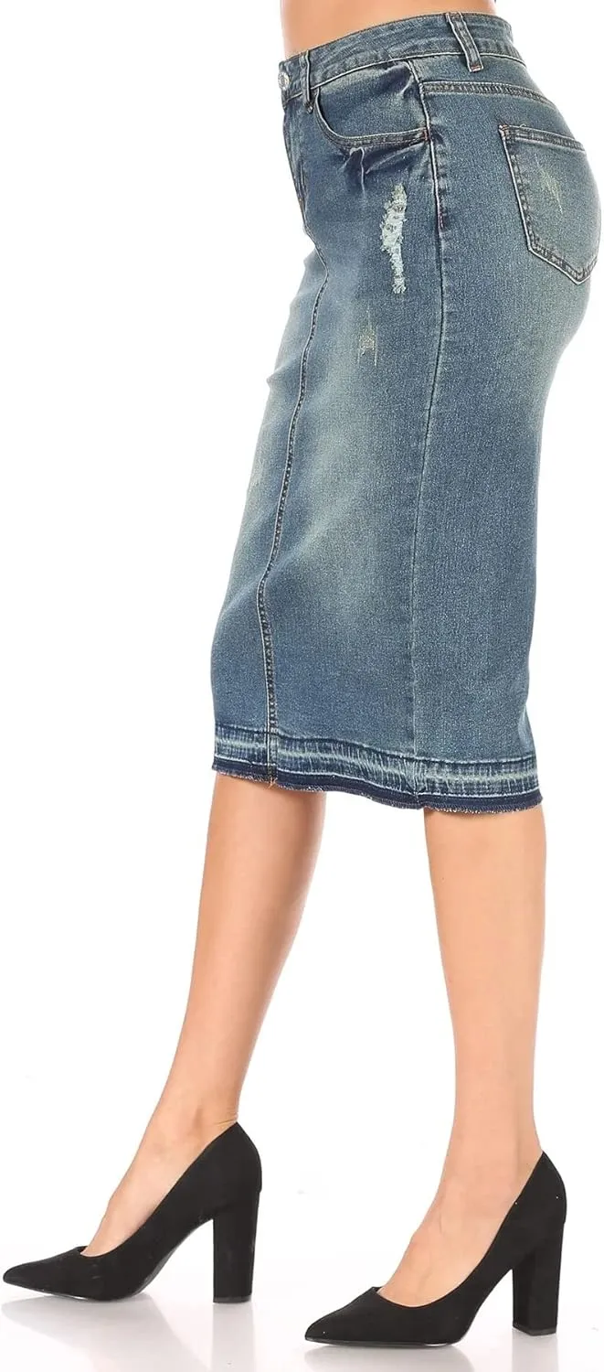 Fashion2Love Women's Juniors/Plus Size Destroyed Ripped Pencil Stretch Denim Skirt (77883)