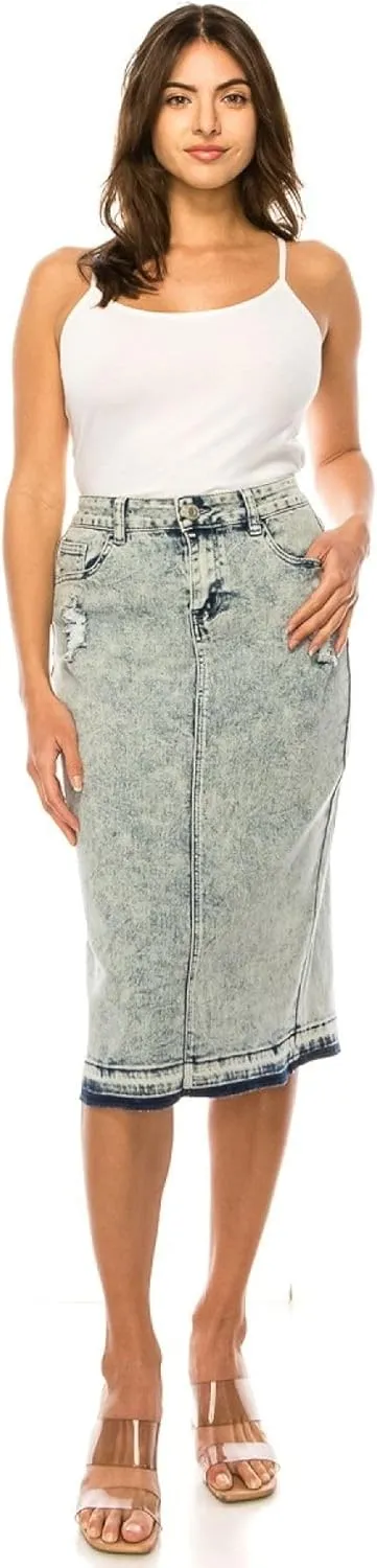 Fashion2Love Women's Juniors/Plus Size Destroyed Ripped Pencil Stretch Denim Skirt (77883)