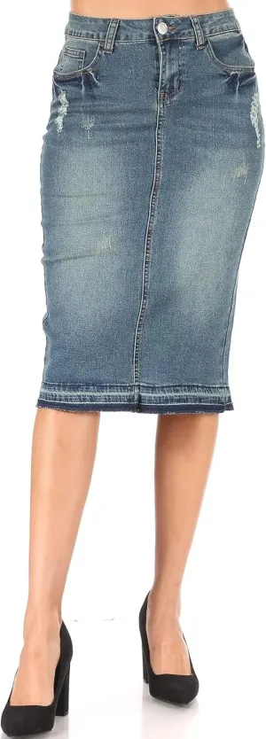 Fashion2Love Women's Juniors/Plus Size Destroyed Ripped Pencil Stretch Denim Skirt (77883)