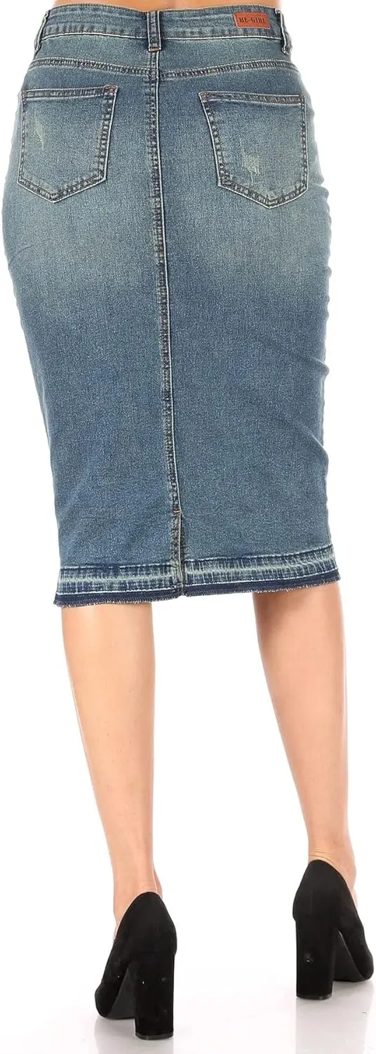 Fashion2Love Women's Juniors/Plus Size Destroyed Ripped Pencil Stretch Denim Skirt (77883)