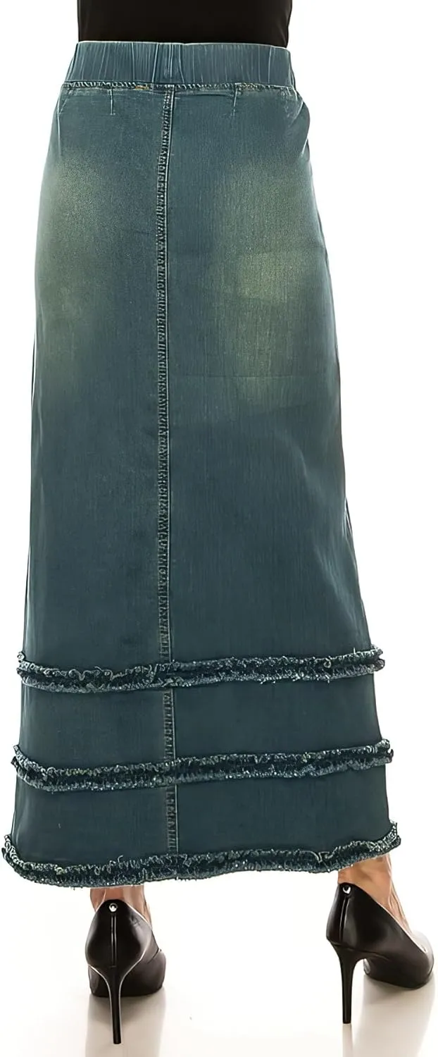 Fashion2Love Women's Juniors/Plus Size High Waisted Shaping Pull-On Stretch Denim Long Skirt (87804)