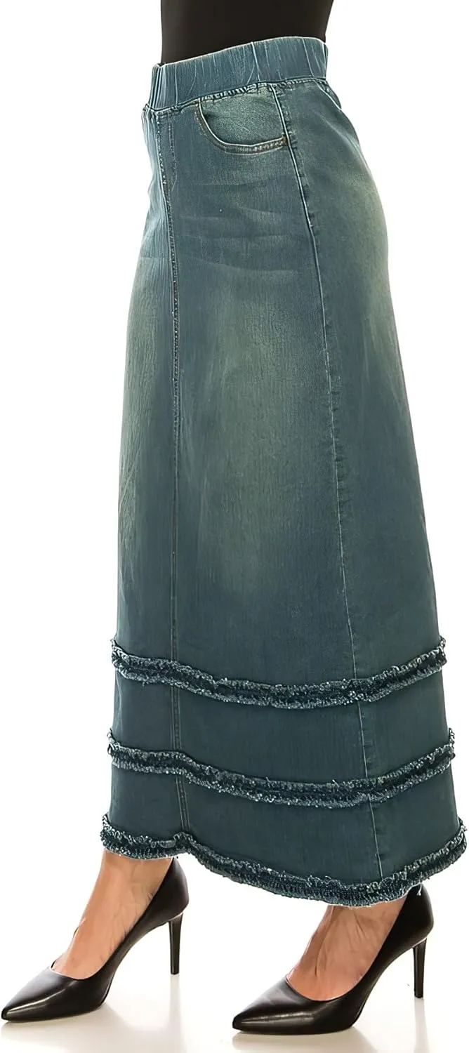 Fashion2Love Women's Juniors/Plus Size High Waisted Shaping Pull-On Stretch Denim Long Skirt (87804)