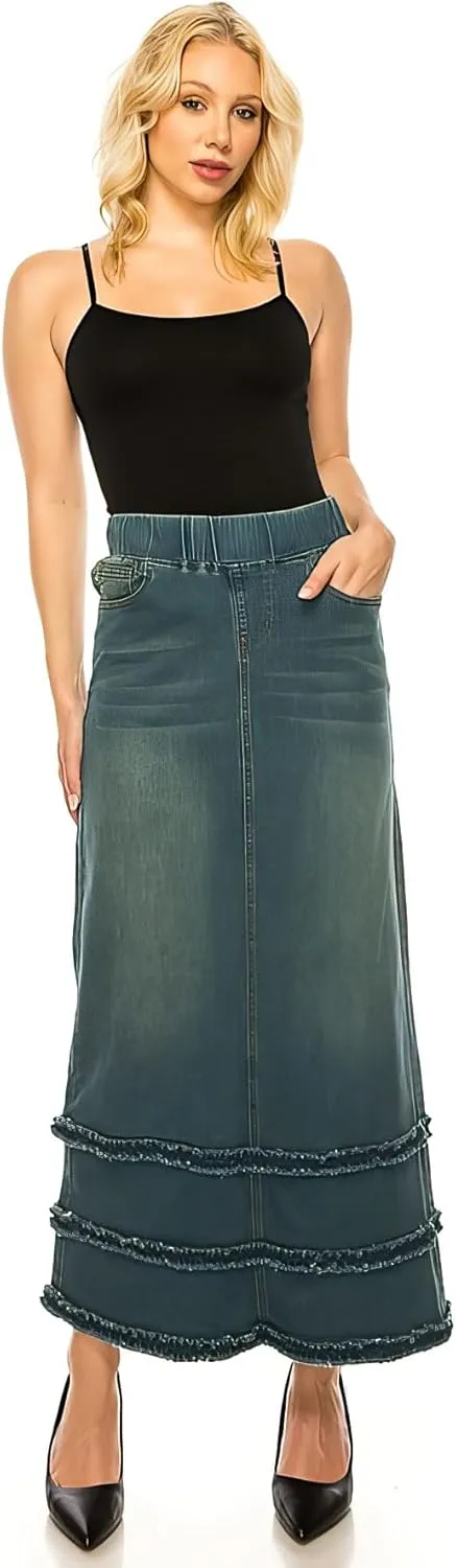 Fashion2Love Women's Juniors/Plus Size High Waisted Shaping Pull-On Stretch Denim Long Skirt (87804)