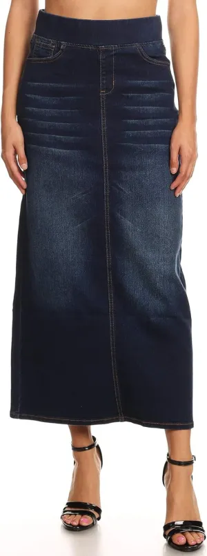 Fashion2Love Women's Juniors/Plus Size High Waisted Shaping Pull-On Stretch Denim Long Skirt