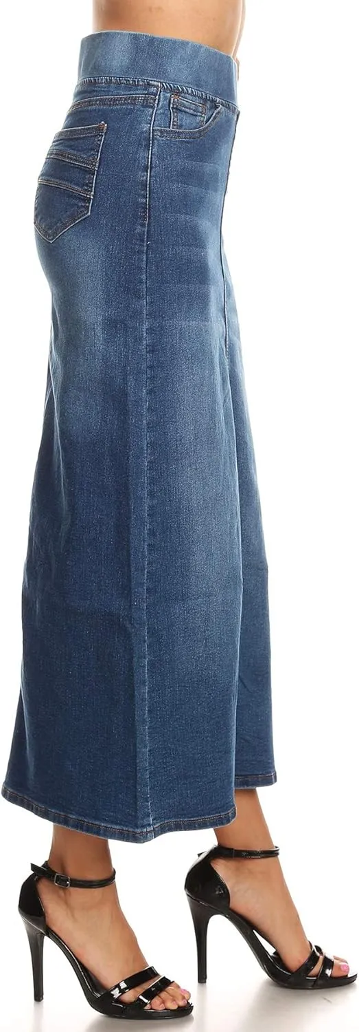 Fashion2Love Women's Juniors/Plus Size High Waisted Shaping Pull-On Stretch Denim Long Skirt