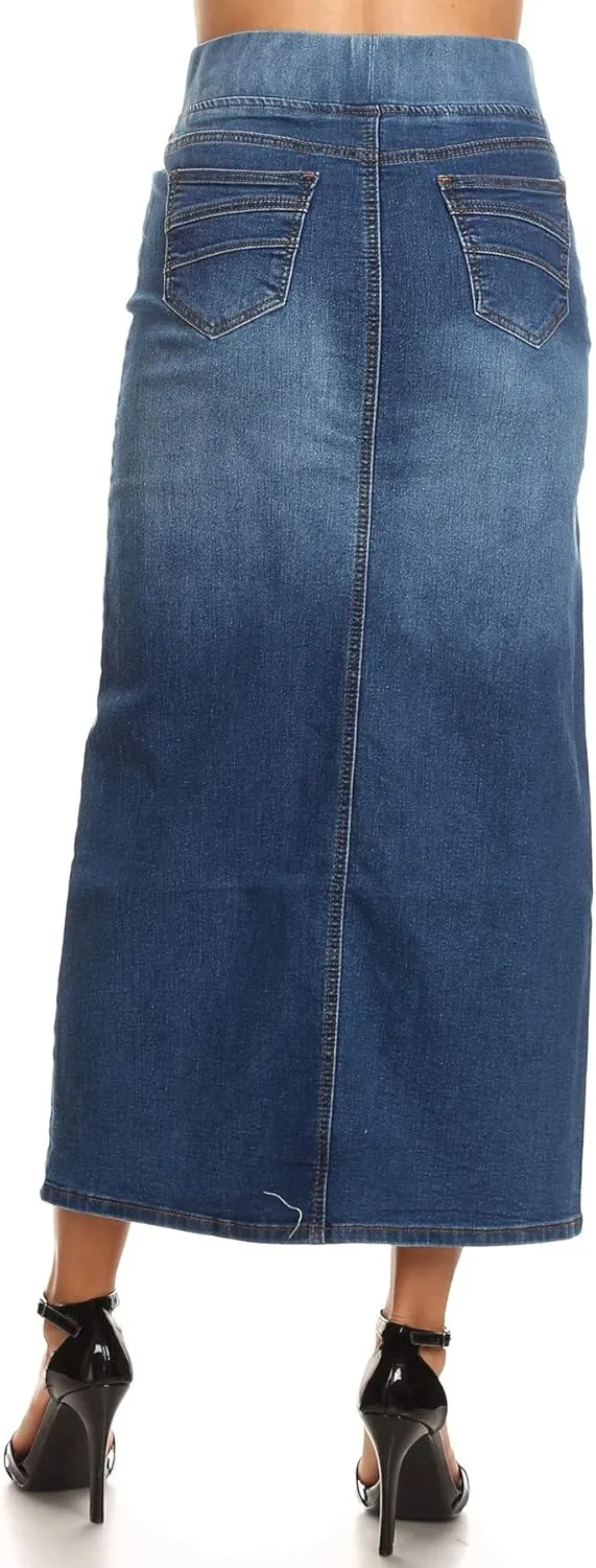 Fashion2Love Women's Juniors/Plus Size High Waisted Shaping Pull-On Stretch Denim Long Skirt