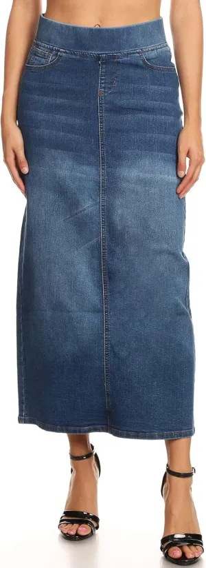 Fashion2Love Women's Juniors/Plus Size High Waisted Shaping Pull-On Stretch Denim Long Skirt
