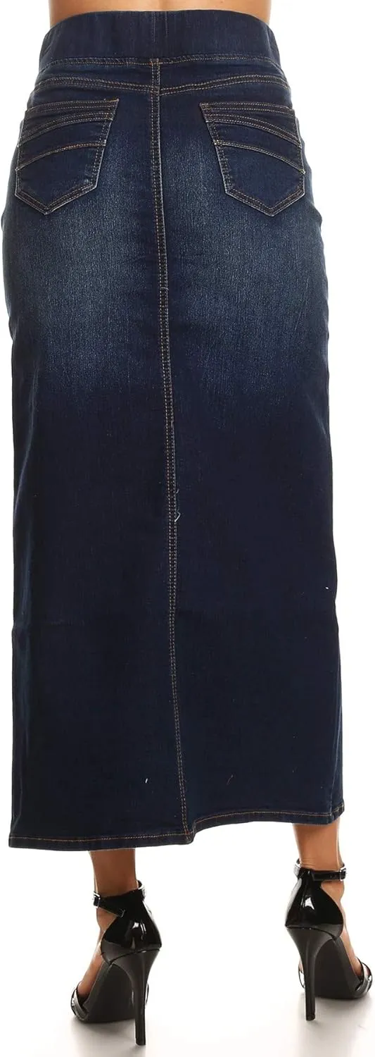 Fashion2Love Women's Juniors/Plus Size High Waisted Shaping Pull-On Stretch Denim Long Skirt