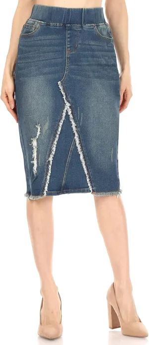 Fashion2Love Women's Size High Waisted Shaping Pull-On Stretch Denim Mid Length Skirt (77560)