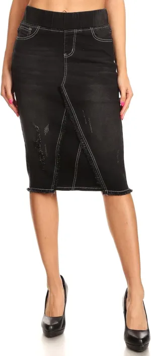 Fashion2Love Women's Size High Waisted Shaping Pull-On Stretch Denim Mid Length Skirt (77560)