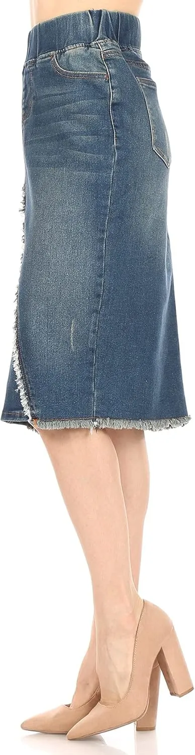 Fashion2Love Women's Size High Waisted Shaping Pull-On Stretch Denim Mid Length Skirt (77560)