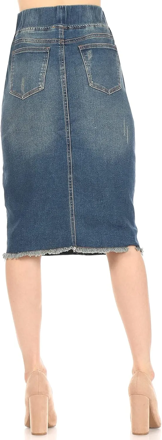 Fashion2Love Women's Size High Waisted Shaping Pull-On Stretch Denim Mid Length Skirt (77560)