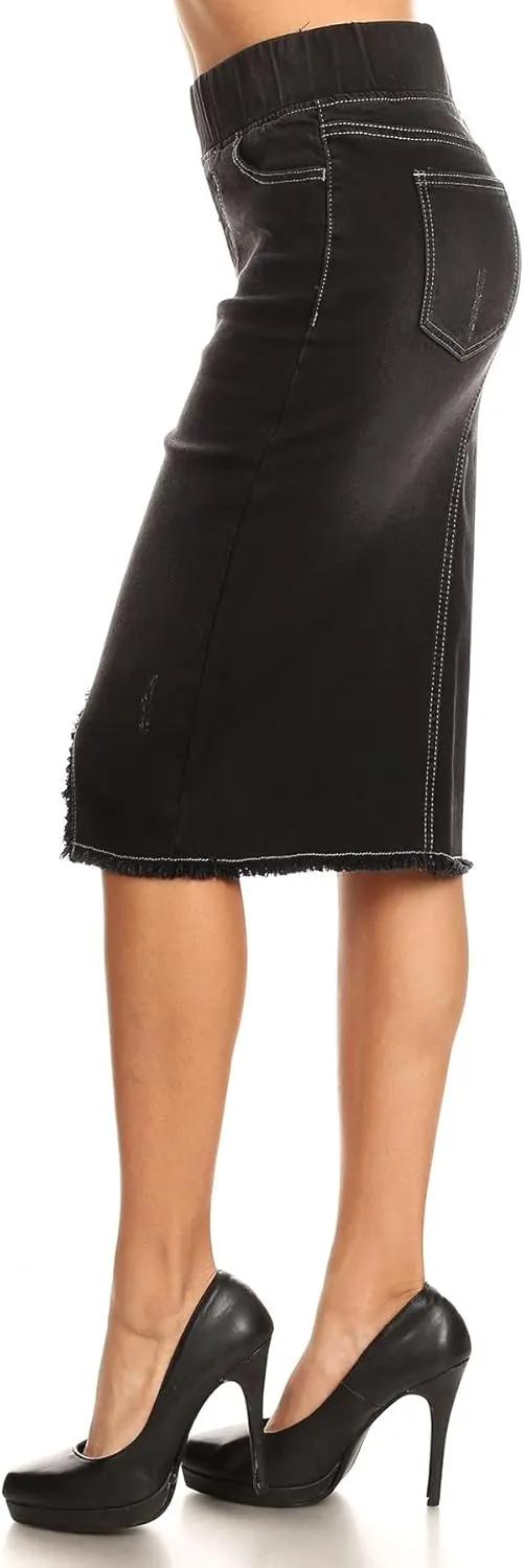 Fashion2Love Women's Size High Waisted Shaping Pull-On Stretch Denim Mid Length Skirt (77560)