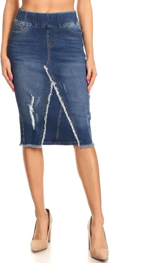 Fashion2Love Women's Size High Waisted Shaping Pull-On Stretch Denim Mid Length Skirt (77560)