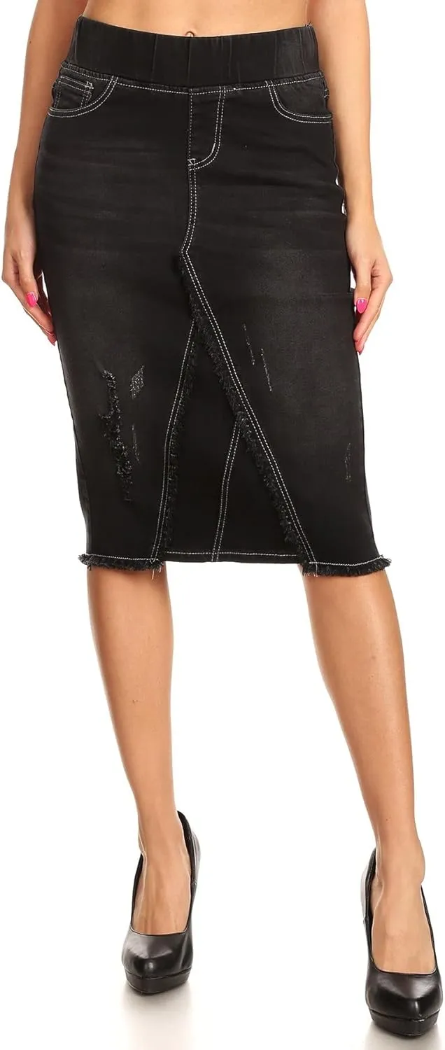 Fashion2Love Women's Size High Waisted Shaping Pull-On Stretch Denim Mid Length Skirt (77560)