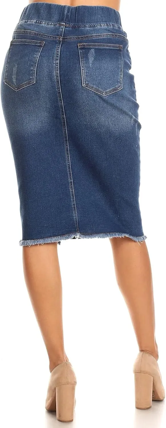 Fashion2Love Women's Size High Waisted Shaping Pull-On Stretch Denim Mid Length Skirt (77560)