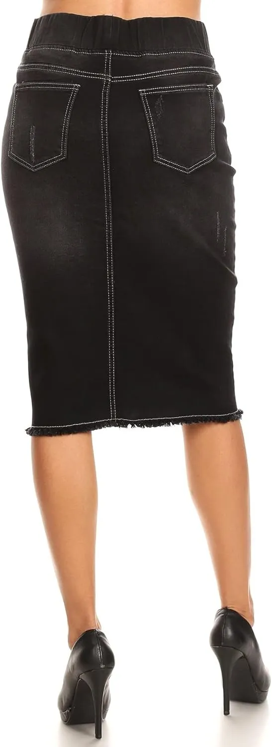 Fashion2Love Women's Size High Waisted Shaping Pull-On Stretch Denim Mid Length Skirt (77560)