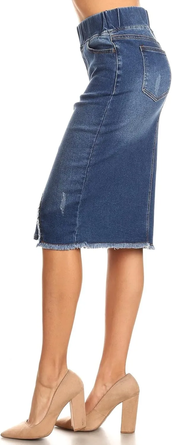 Fashion2Love Women's Size High Waisted Shaping Pull-On Stretch Denim Mid Length Skirt (77560)