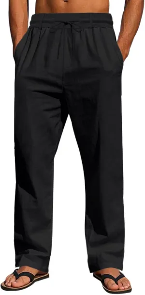 Finelylove Mens Linen Pants Elastic Waist Drawstring Lightweight Casual Pants Relaxed Fit Summer Beach Lounge Travel Trousers