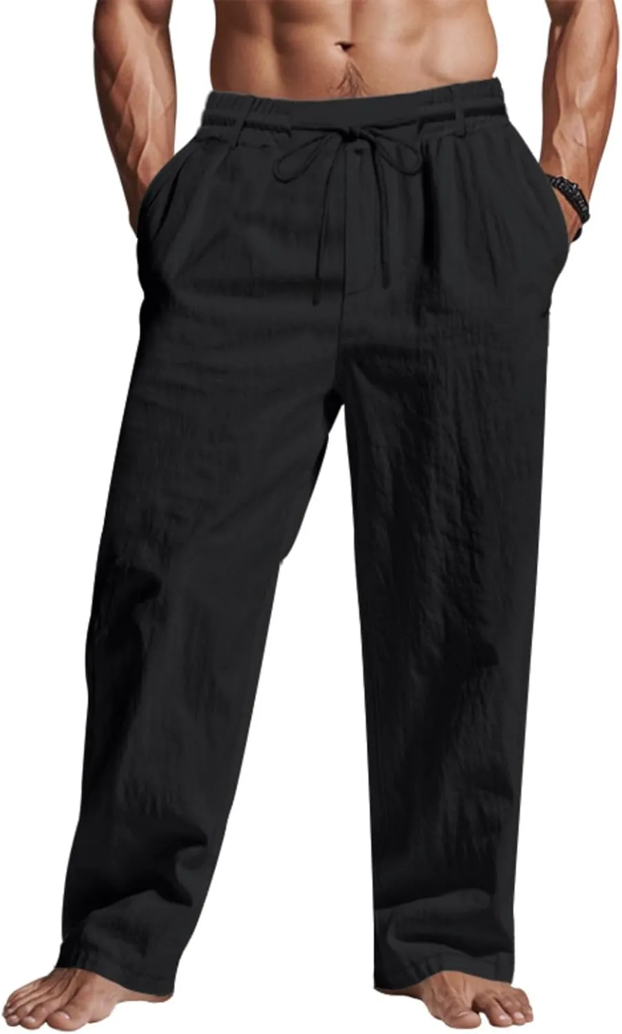 Finelylove Mens Linen Pants Elastic Waist Drawstring Lightweight Casual Pants Relaxed Fit Summer Beach Lounge Travel Trousers