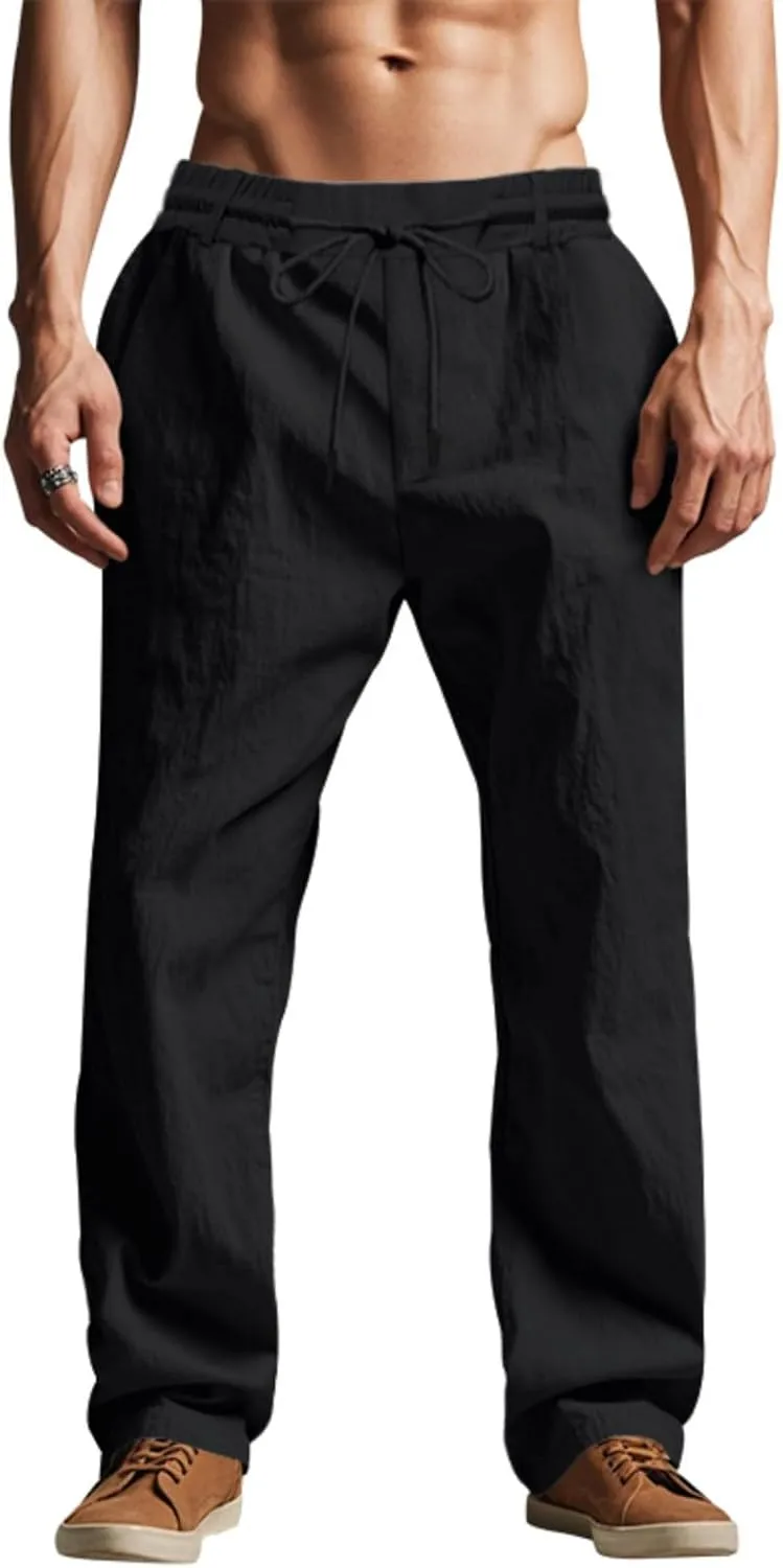 Finelylove Mens Linen Pants Elastic Waist Drawstring Lightweight Casual Pants Relaxed Fit Summer Beach Lounge Travel Trousers