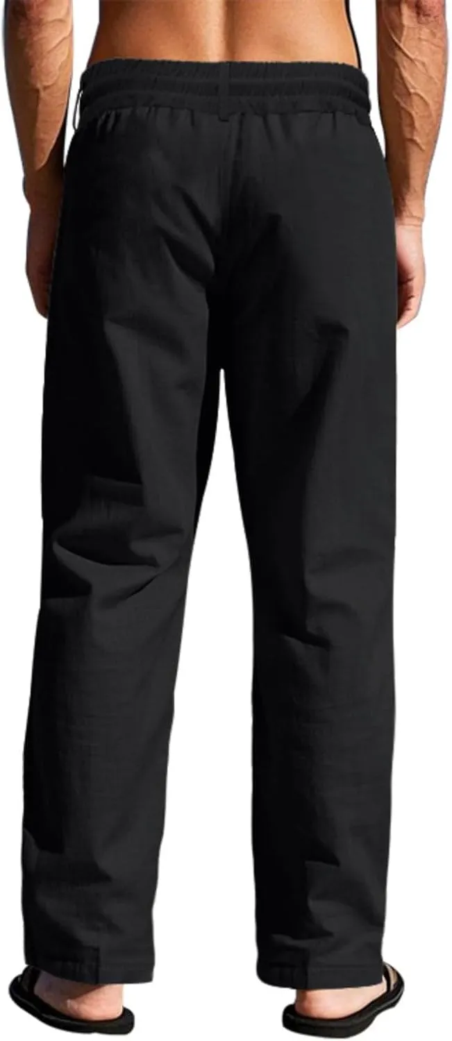 Finelylove Mens Linen Pants Elastic Waist Drawstring Lightweight Casual Pants Relaxed Fit Summer Beach Lounge Travel Trousers