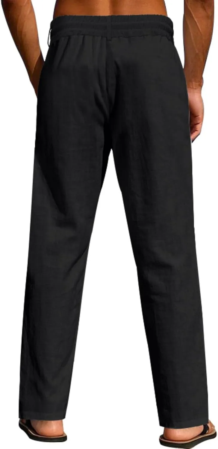 Finelylove Mens Linen Pants Elastic Waist Drawstring Lightweight Casual Pants Relaxed Fit Summer Beach Lounge Travel Trousers