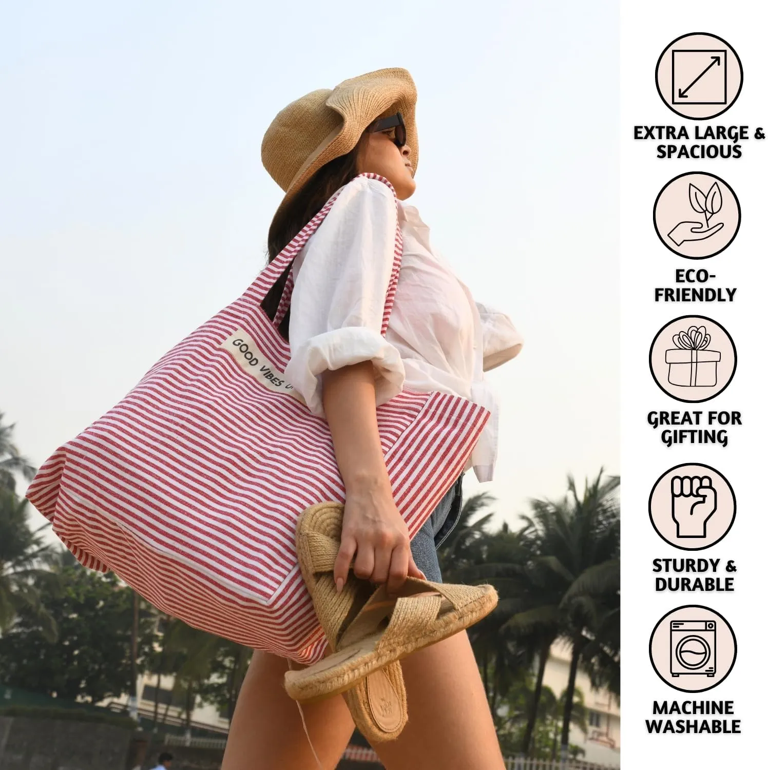 Folkulture Beach Bag For Women | 17 x 14 Inch - 100% Cotton Beach Tote Bag With Zipper Pocket Inside, Large Woven Pool Bag
