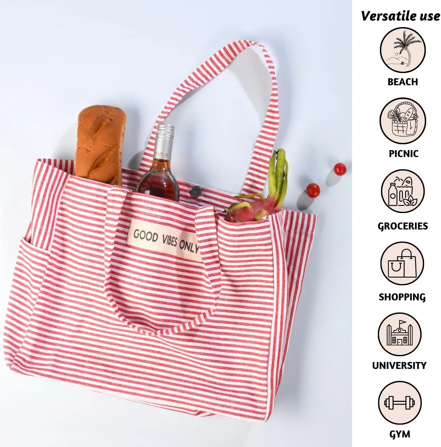 Folkulture Beach Bag For Women | 17 x 14 Inch - 100% Cotton Beach Tote Bag With Zipper Pocket Inside, Large Woven Pool Bag