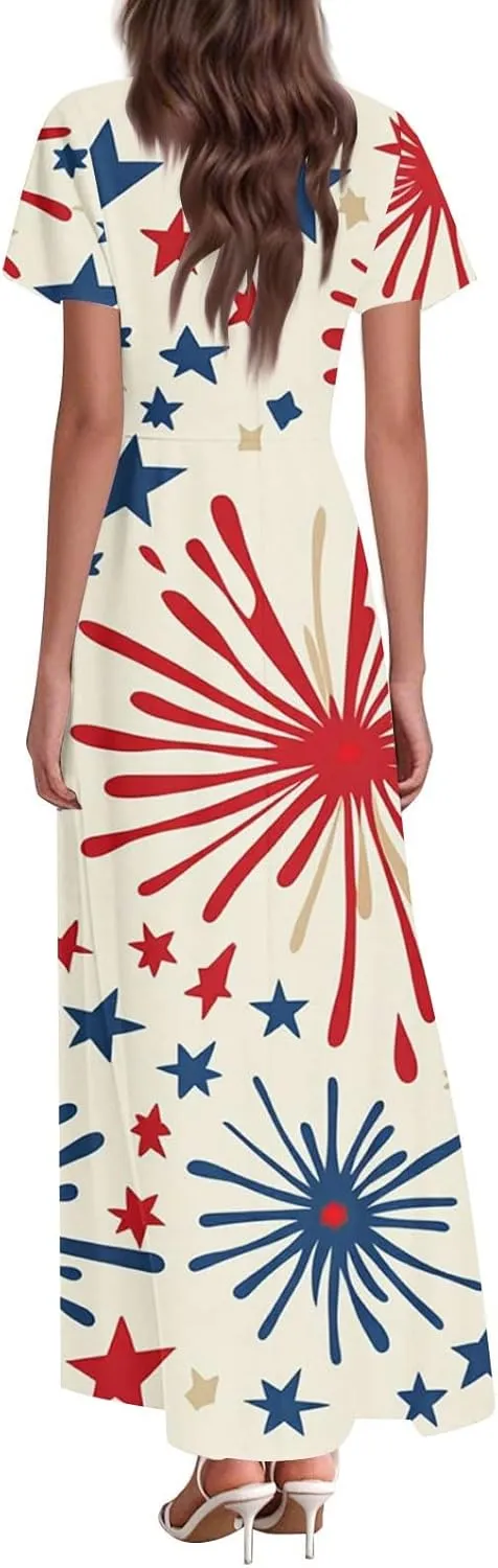 Forth of July Dress for Women Flowy Chiffon Ruffle Cruise Stars and Stripes Floral Summer Sun Dresses V Neck Vacation Outfits