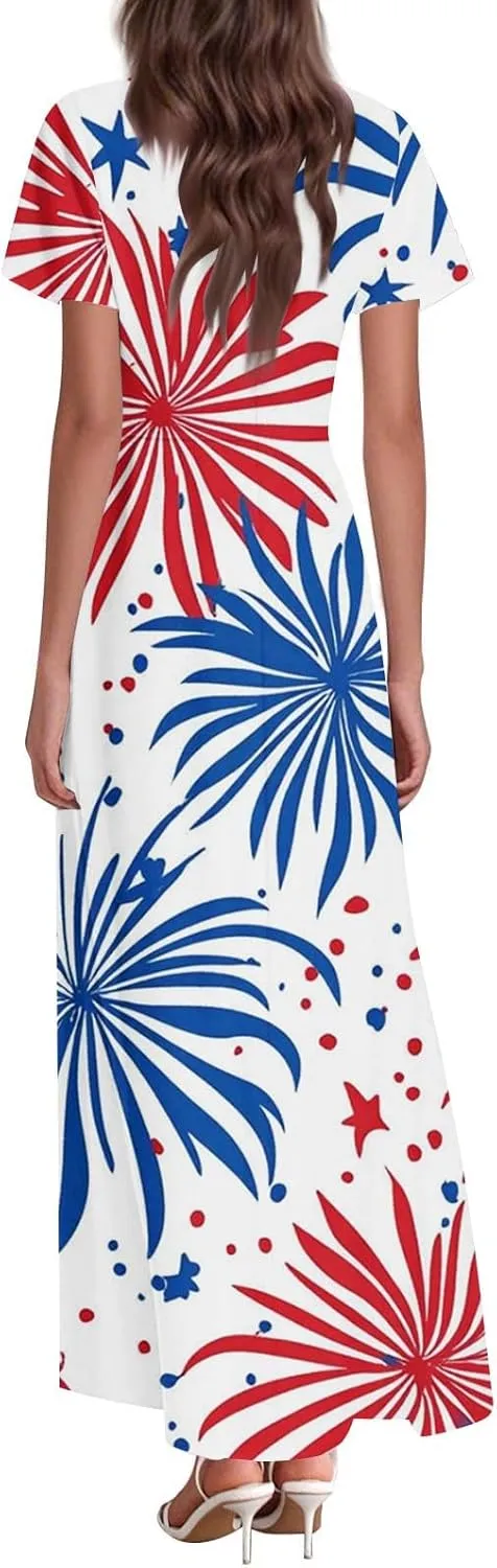 Forth of July Dress for Women Flowy Chiffon Ruffle Cruise Stars and Stripes Floral Summer Sun Dresses V Neck Vacation Outfits