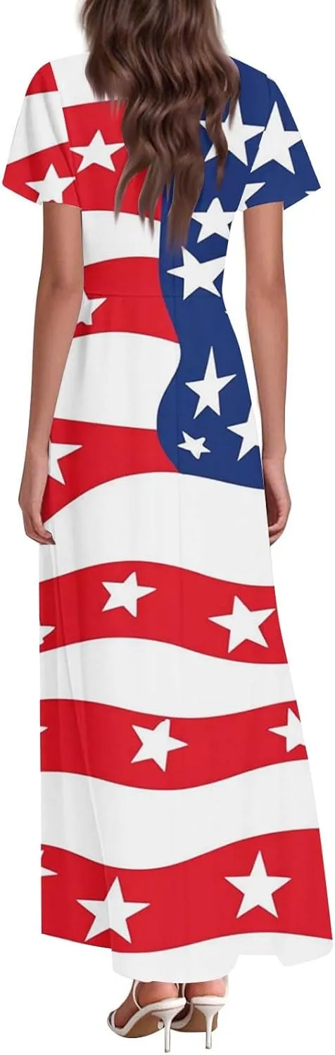 Forth of July Dress for Women Flowy Chiffon Ruffle Cruise Stars and Stripes Floral Summer Sun Dresses V Neck Vacation Outfits