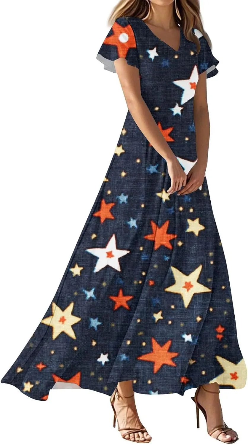 Forth of July Dress for Women Flowy Chiffon Ruffle Cruise Stars and Stripes Floral Summer Sun Dresses V Neck Vacation Outfits