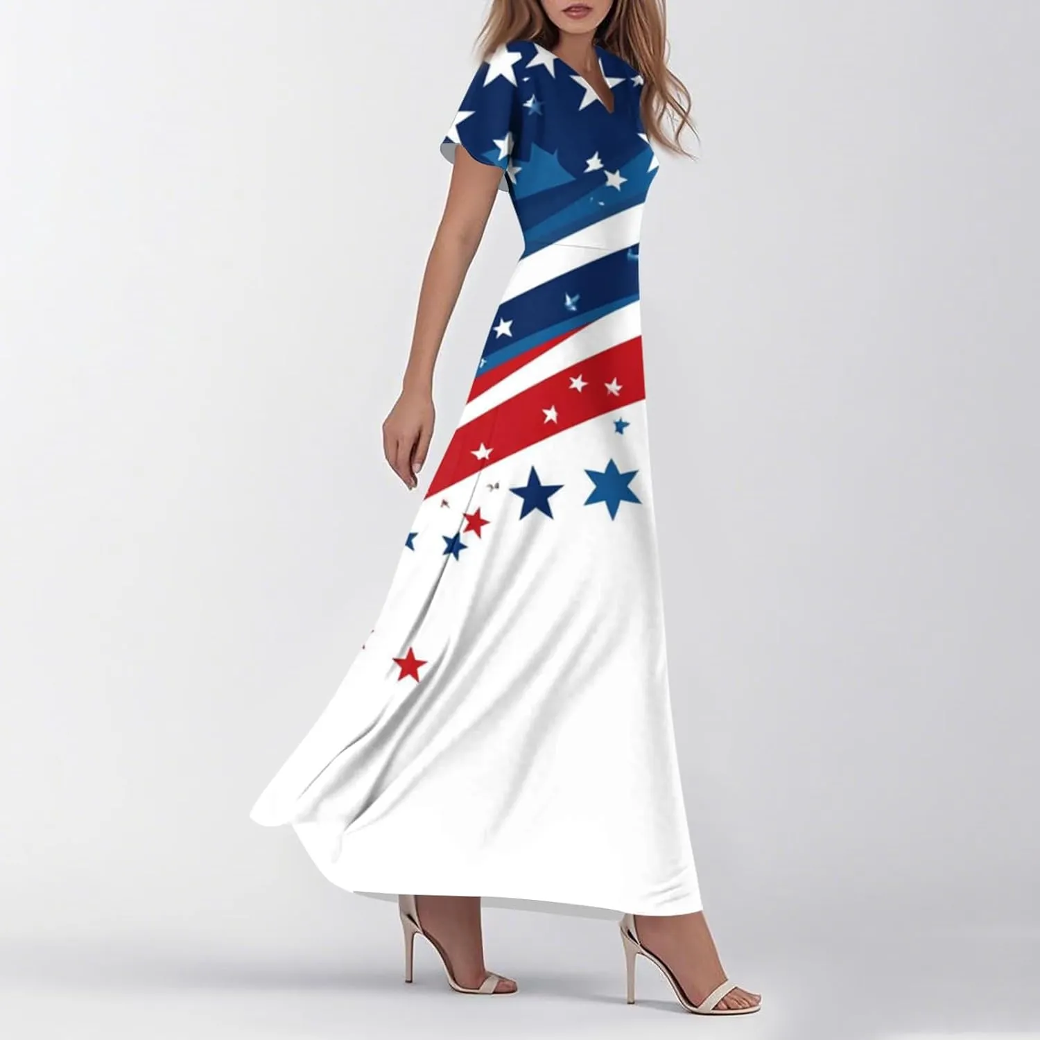 Forth of July Dress for Women Flowy Chiffon Ruffle Cruise Stars and Stripes Floral Summer Sun Dresses V Neck Vacation Outfits