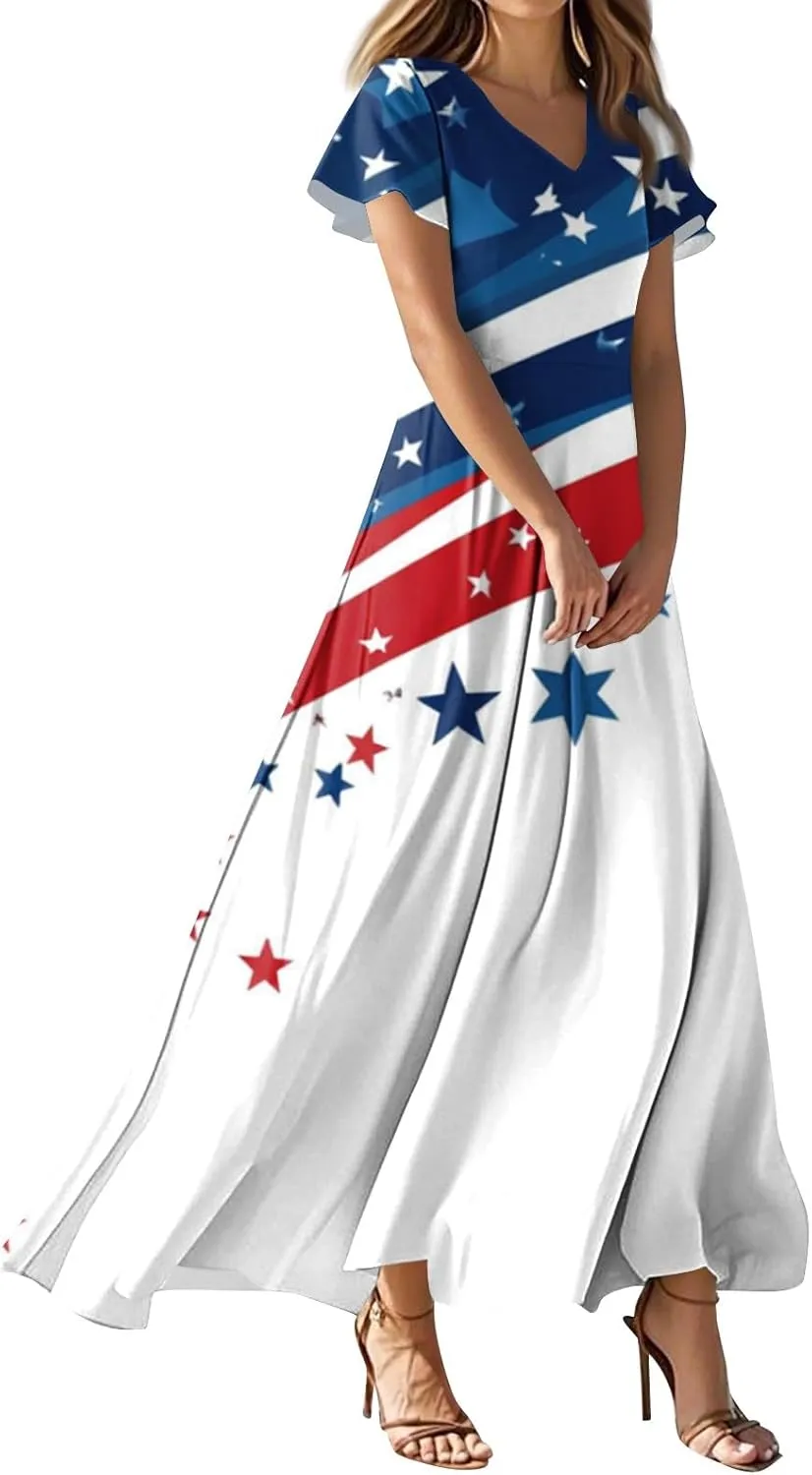 Forth of July Dress for Women Flowy Chiffon Ruffle Cruise Stars and Stripes Floral Summer Sun Dresses V Neck Vacation Outfits