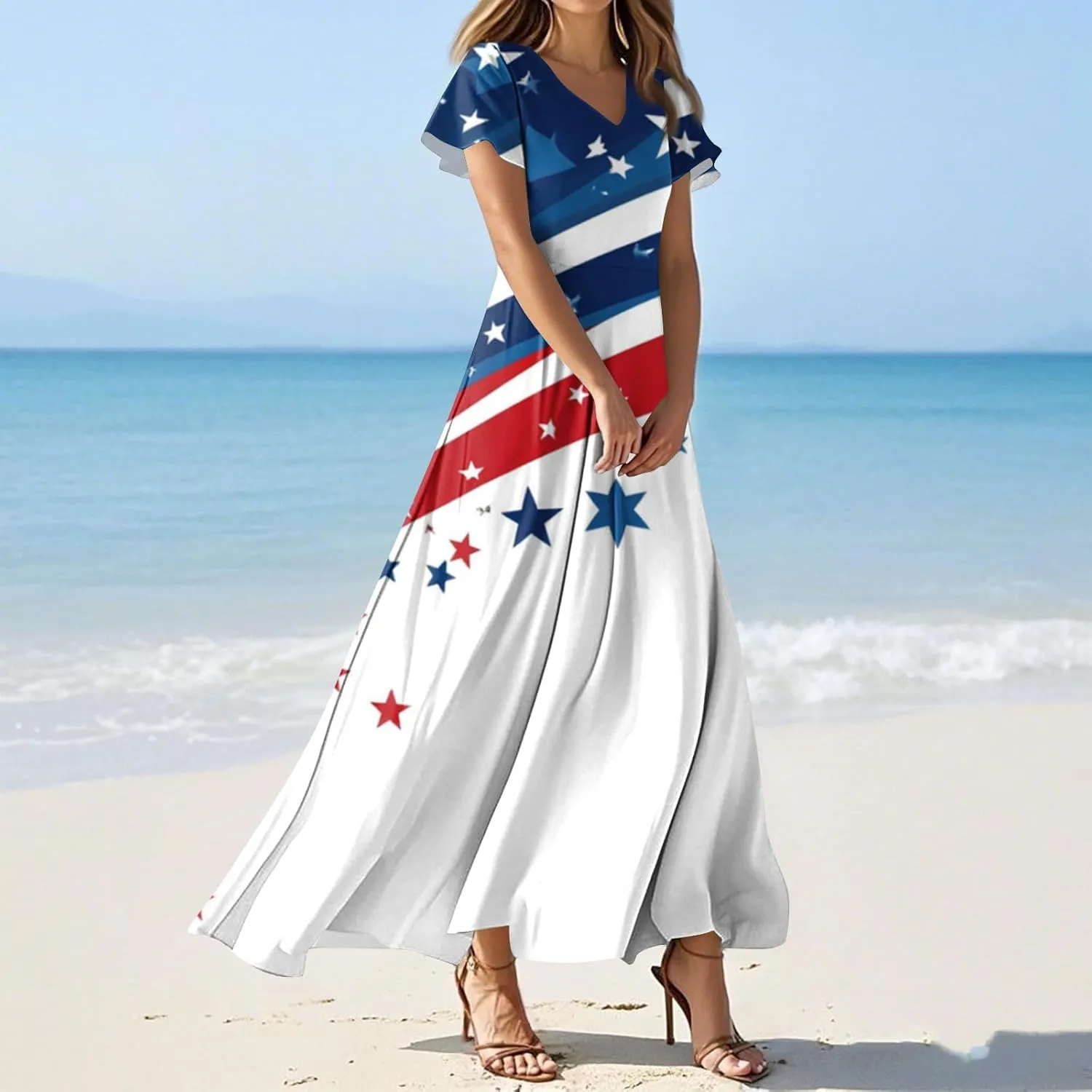 Forth of July Dress for Women Flowy Chiffon Ruffle Cruise Stars and Stripes Floral Summer Sun Dresses V Neck Vacation Outfits