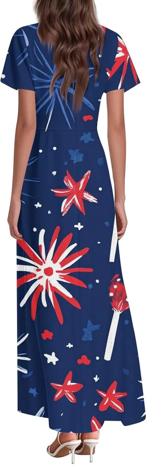 Forth of July Dress for Women Flowy Chiffon Ruffle Cruise Stars and Stripes Floral Summer Sun Dresses V Neck Vacation Outfits
