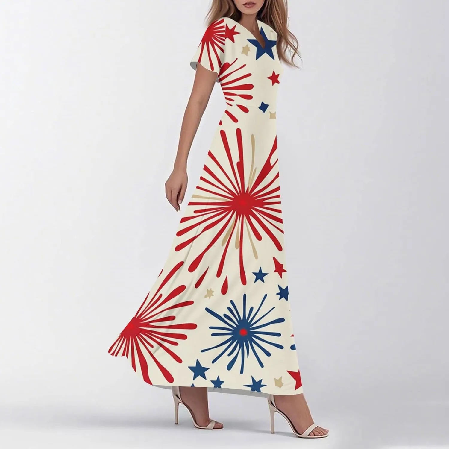 Forth of July Dress for Women Flowy Chiffon Ruffle Cruise Stars and Stripes Floral Summer Sun Dresses V Neck Vacation Outfits